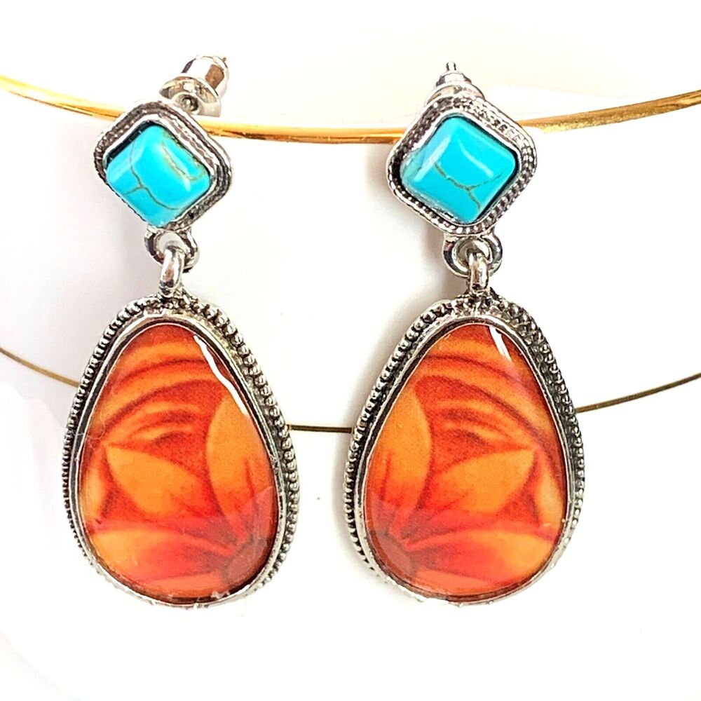 NEW Carved Wood Faux Turquoise Earrings Drop Stud Boho Hippie Flower Silver